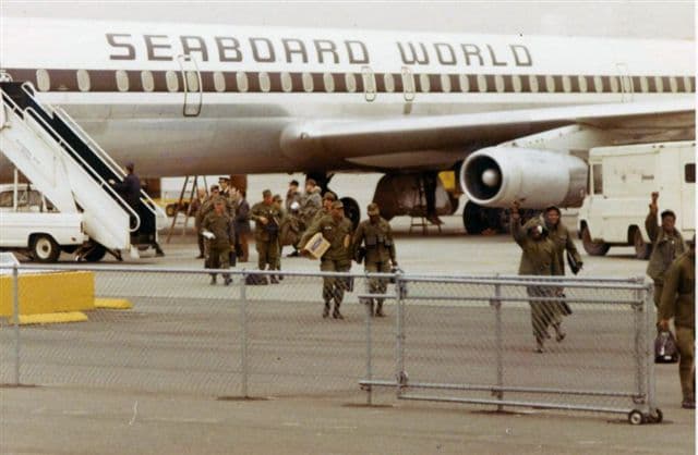 Seaboard World Airlines returns to Joint Base Lewis–McChord near Tacoma, Washington with troops returning home from Vietnam on February 6, 1970.