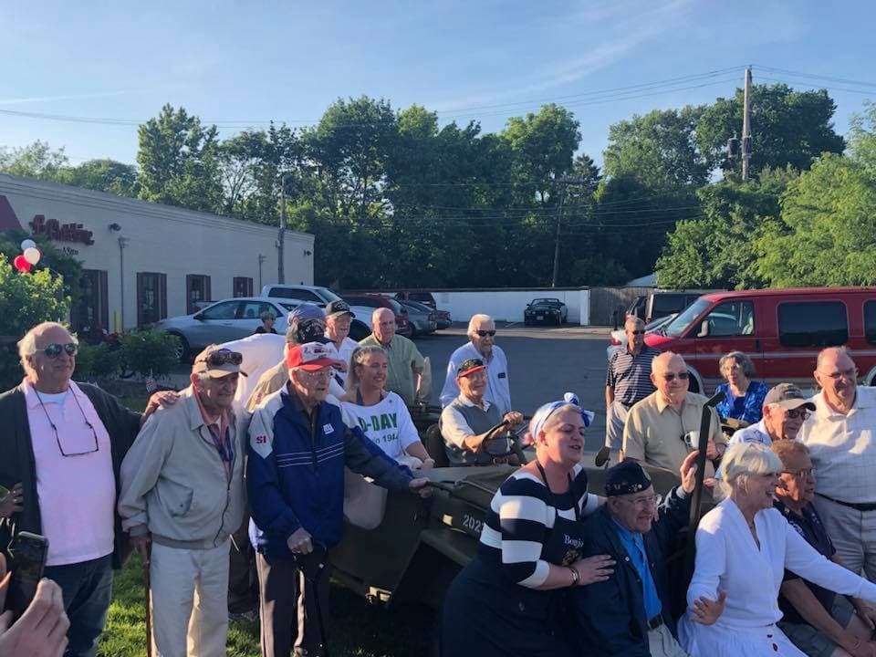 Veterans from World War II gather in front of La Chatelaine for a photo on the anniversary of D-Day. Since opening in 1991, La Chatelaine has made it a point of celebrating America's citizen-soldiers and the contributions they made in the narrative of the Wielezynski family.